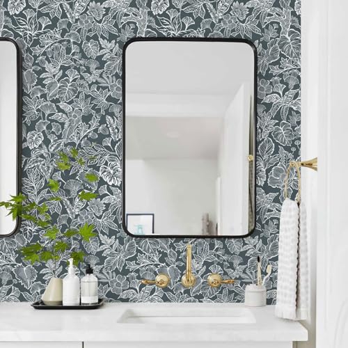 Tropical Peel and Stick Wallpaper Boho Contact Paper Cabinet Dark Blue Navy White Removable Self Adhesive Contact Paper Modern Floral Leaf Bedroom Bathroom Wallpaper Waterproof 17.3inW 78.7inL