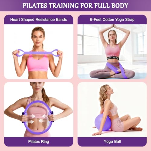 Pilates Kit for Home Workouts - 15PCS Set with 12-Inch Purple Ring