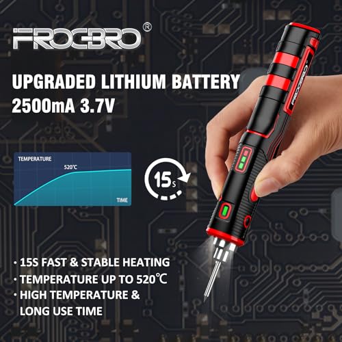 FrogBro Upgrade 11W 2500mAh Cordless Soldering Iron Kit, Max 968¢µ Fast Heating Portable, USB Rechargeable High Capacity with Touch Sensor & LED Spotlight