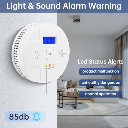 Smoke & Carbon Monoxide Alarms, Smoke Co Detector Combo with Led Digital Display, Sound Alarm, Battery Powered, 2 Packs