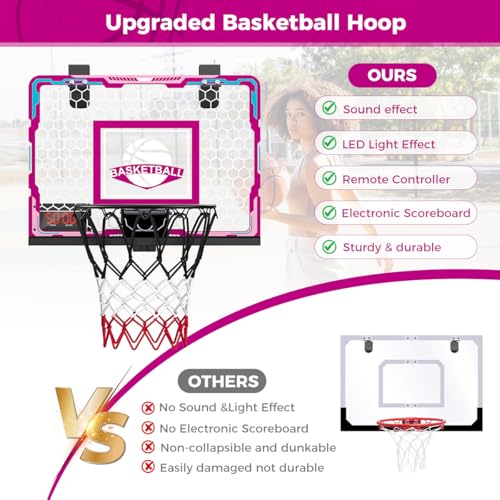 Indoor Light-Up Basketball Hoop for Kids & Teens - Portable, Sturdy, Pink Backboard