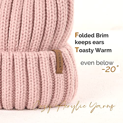 FURTALK Women's Pink Winter Knitted Beanie Hat with Faux Fur Pom - Warm Skull Cap