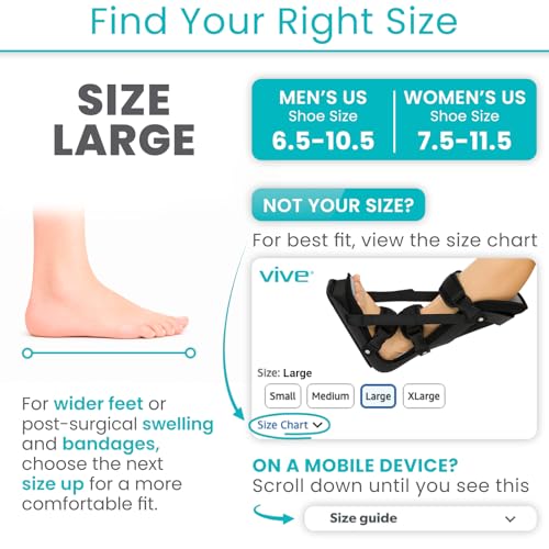 Vive Night Splint for Plantar Fasciitis, Large (Men 6.5-10.5 / Women 8-12) - Left/Right Foot, Adjustable Straps