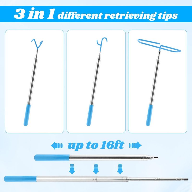 PURATEN Disc Golf Grabber Tool, Extendable Disc Golf Retriever Pole 16 ft with 3 Different Metal Hooks and Storage Bag for Retrieve Discs from the Trees/Bushes/Water(Color:Blue)