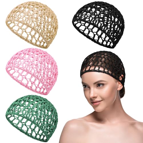 Mesh Crochet Hair Nets Set - 4 Pcs in Black, Green, Pink, Beige