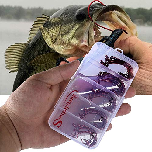 Weedless Offset Shank Worm Hooks - High Carbon Steel, 50PCS Red