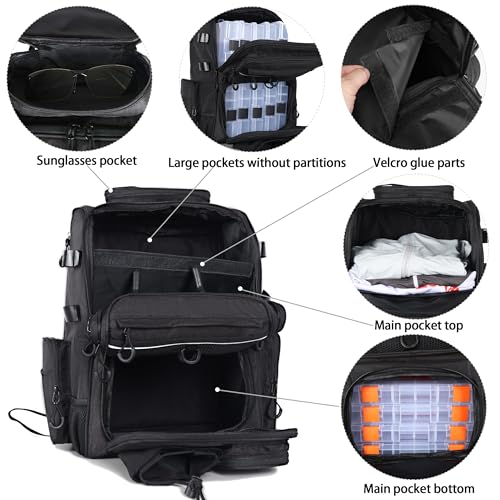 LEOMOO 40L Fishing Tackle Backpack with Rod Holders, Large Camping & Hiking Storage, Black - 4 Tackle Boxes Not Included