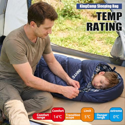 Blue Kids Sleeping Bag for Cold Weather - Lightweight Waterproof Flannel Camping Bag for Youth 10-12 Years