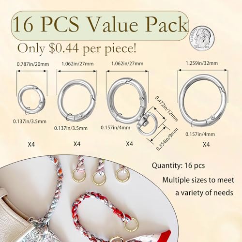 16PCS Metal Spring O Ring Set - Mixed Sizes Carabiner Clips - Silver