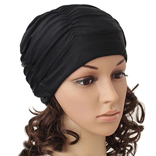 Pleated Swim Hat for Women - Black Color Fabric Bathing Cap