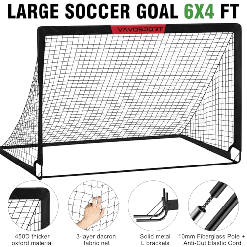 Kids Soccer Goal Set - 2 Portable 6'x4' Goals with Ball & Cones - Black