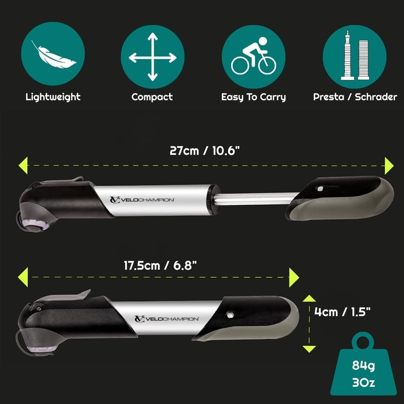 VeloChampion Alloy Mini Bike Pump Suitable for Presta, Schrader and Dunlop - Portable, Compact, Durable and Easy to Use