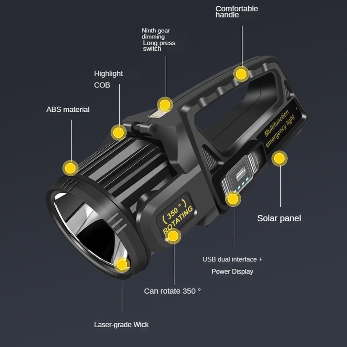 LETOUR 1450000 L Spotlight, Rechargeable Led Spotlight Flashlight with 350° Rotate Head, 9 Modes Super Bright Spot Lights Outdoor Handheld, IPX6 Waterproof Solar Flashlight for Emergencies,XX-Large