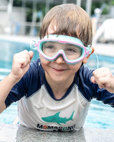 Kids Swim Goggles for 3-14 Years - Pink Green, Anti-Fog, UV Protection, No Leak, Wide View, Seasprint