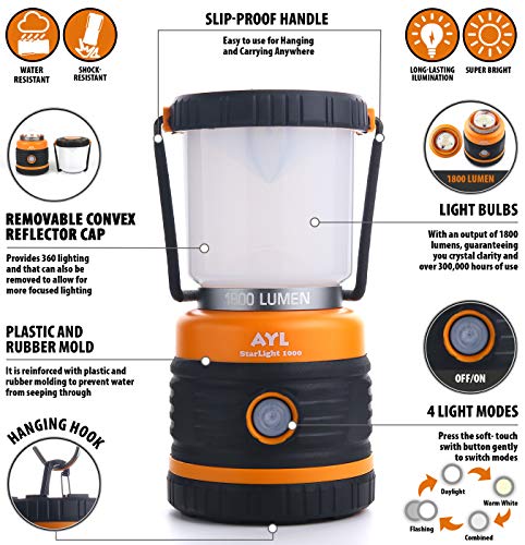 AYL Rechargeable LED Camping Lantern 1800LM – Black & Orange, 4 Light Modes, 4400mAh Power Bank, Waterproof, Emergency & Hurricane Light, 2 Pack