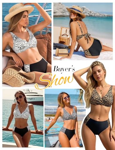 High Waisted Bikini Set for Women - Tummy Control, V Neck, Twist Front - Medium Spot Silver