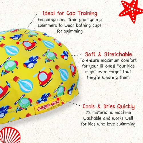 Kids Swim Cap - Soft Stretch Spandex Quick-Dry Fabric - Yellow Transportation