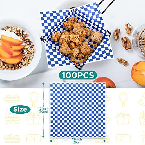 Waxed Deli Paper Sheets - 12x12 Inch, 100 Pcs, Checkered Blue