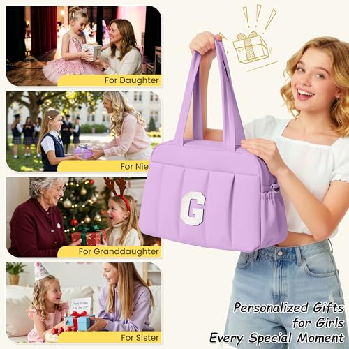 Vogewood Purple Girl Initial Gym Duffle Bag with Cosmetic Pouch - Carry-On Travel Bag for Kids