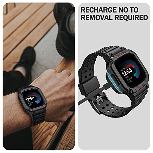 FINTIE Black Rugged Watch Band with Case Compatible with Fitbit Versa & Sense Series