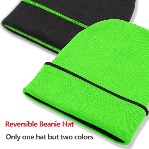 Unisex Reversible Winter Beanie - Knit Cuff Warm Hat - Black/Bright Green