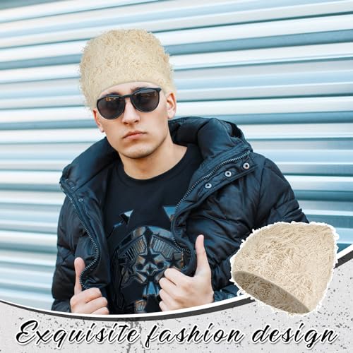 Distressed Knitted Beanie - Fuzzy Winter Hat for Men & Women - Assorted Apricot