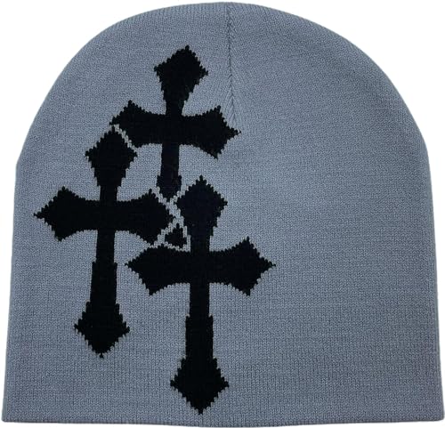 Pooyikoi Y2K Dark Cross Wool Hat for Cold Weather - Black-White, One Size