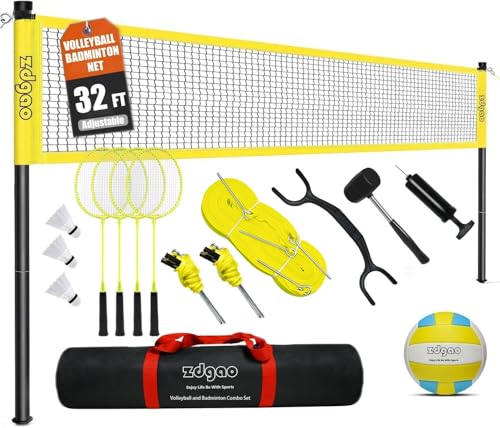 32FT Volleyball & Badminton Combo Set - Adjustable Height, Complete Outdoor Fun