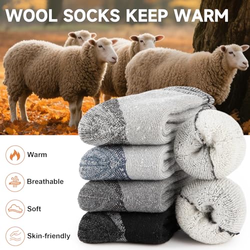 Thick Thermal Merino Wool Hiking Socks for Men - Black, 4 Pairs