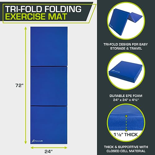 Tri-Fold Thick Exercise Mat 6' x 2' with Carrying Handles - Blue