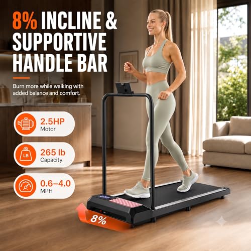 Walking Pad Treadmill with Handle Bar - 8% Incline, Red