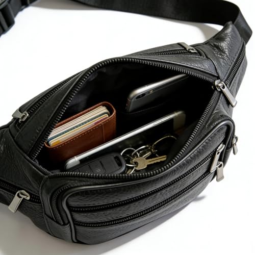 Black Genuine Cowhide Leather Fanny Pack with 7 Pockets & Adjustable Waist Strap