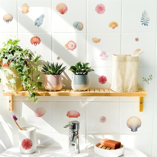 6 Sheets 31 Pcs Colorful Seashells Watercolor Wall Stickers, sacinora Under The Sea Ocean Art Wall Decals Removable Vinyl for Kids Baby Nursery Bathroom Closet Living Room Bedroom Home Decorations