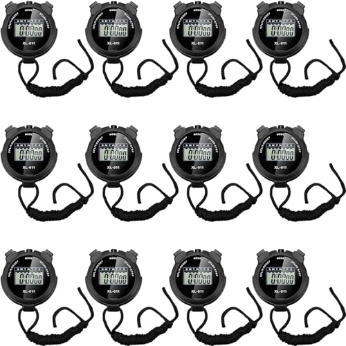 Digital Stopwatch Timer - 12 Pack with Lanyard, Waterproof, Black