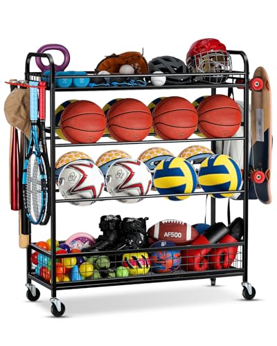 4-Layer Sports Equipment Organizer with Wheels - Ball Storage Rack