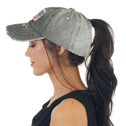 Distressed Ponytail Hat for Women - American Flag Cap - Grey