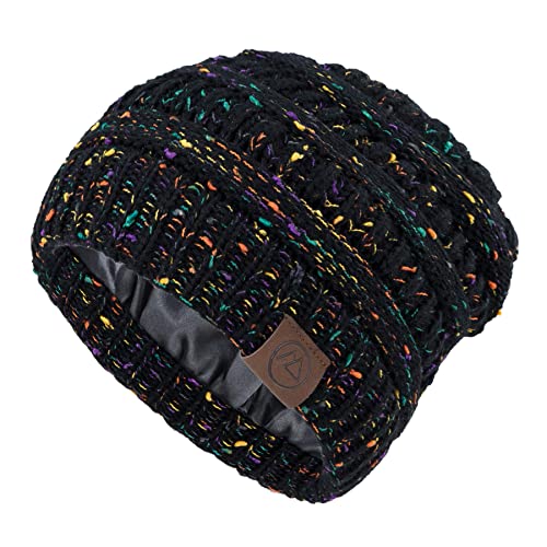 Satin Lined Beanie for Women & Men - Slouchy Winter Hat - Black Yarn