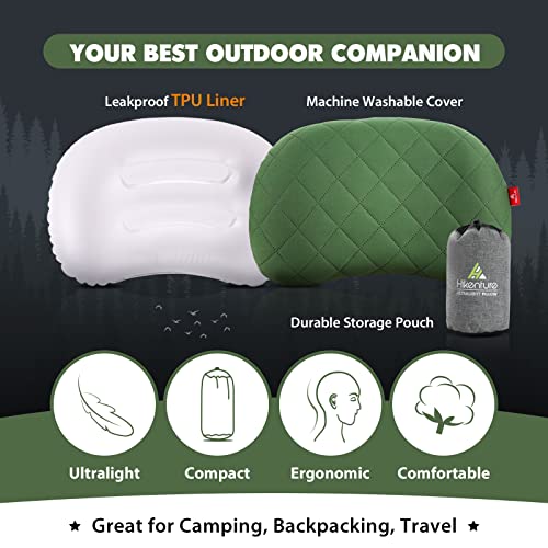 Hikenture Green Inflatable Camping Pillow – Compact Travel Neck Pillow for Backpacking