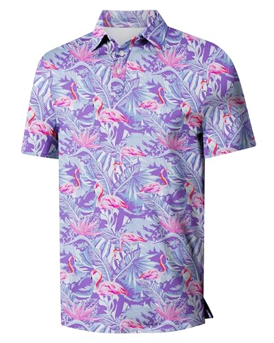 Funny Print Golf Polo Shirt for Men - Purple Flamingos, Medium