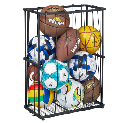 Wall-Mounted & Floor Sports Ball Storage Rack Organizer - Black