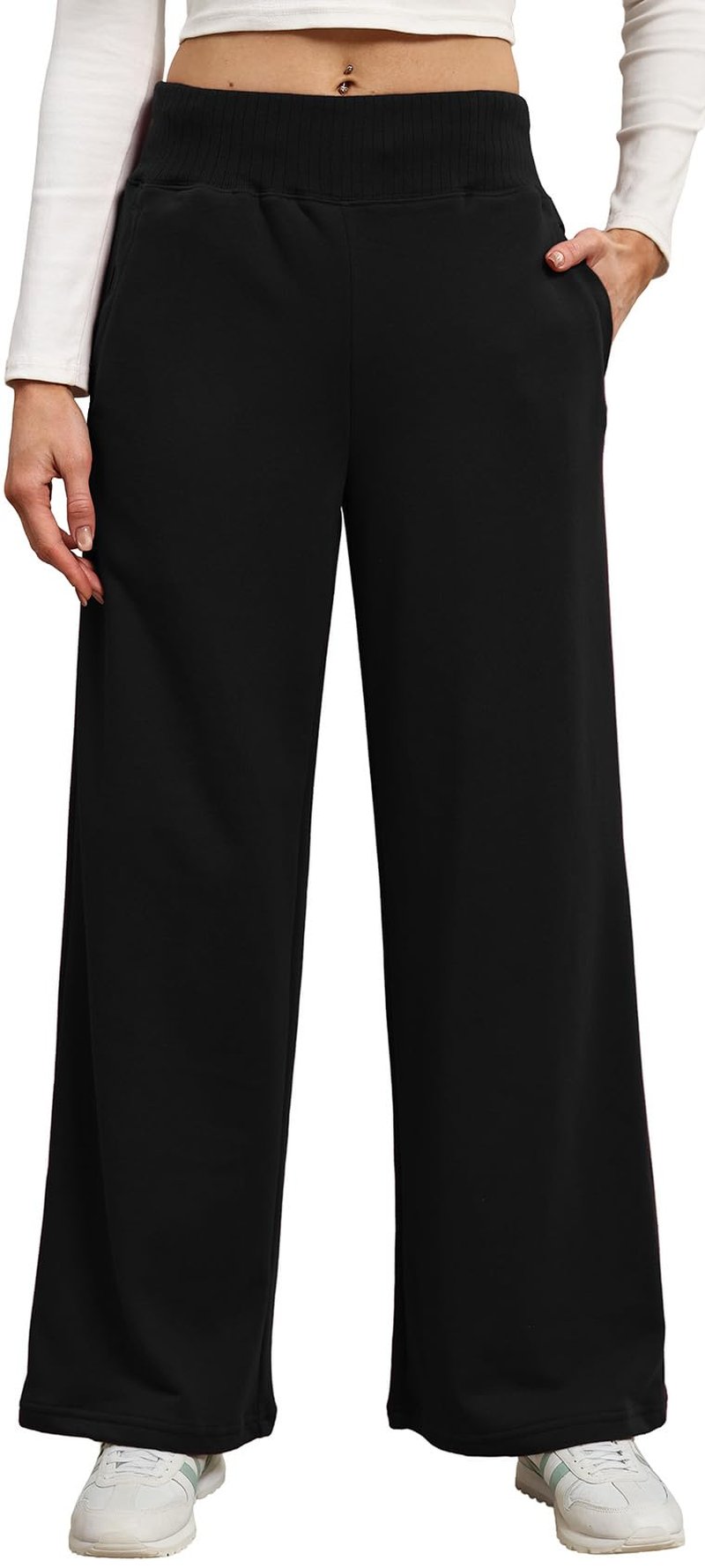 Sweetmoon Wide Leg Sweatpants Women Lightweight, High Waisted Sweat Pants Baggy Lounge Pants Women Joggers with Pockets Black M