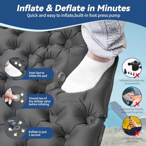 HiiPeak Double Sleeping Pad Gray - Self-Inflating 3-Inch Thick Camp Mattress for 2 Persons