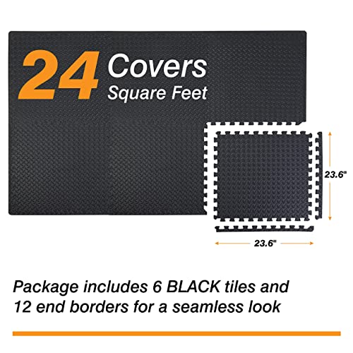 EVA Exercise Floor Mats - Interlocking Foam Tiles, 0.5 Inch Thick, 24 SQ FT - Black