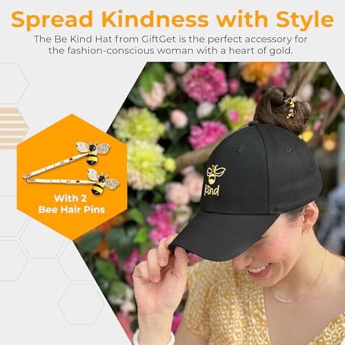 Bee Kind Ponytail Hat with Honey Bee Hair Pins - Black