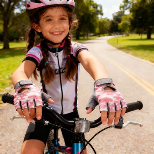 Kids Half Finger Cycling Gloves - Non-Slip Padded, Pink Camo, M (5-8 Years)