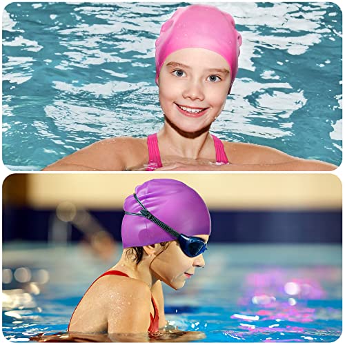 Kids Swim Cap Silicone Long Hair Waterproof for Girls Boys - Pink, Light Blue, Purple