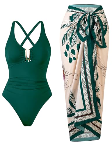 Women's Large Green One-Piece Swimsuit with Tummy Control & Cover Up - BAWHAHT