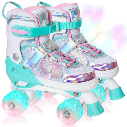 Nattork Kids Adjustable Roller Skates Teal Small(10C-13C) with Light-Up Wheels & Butterfly Design