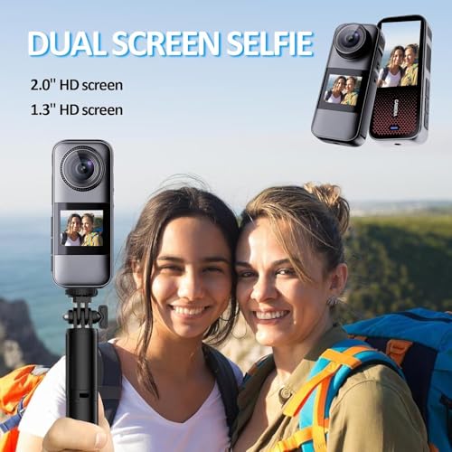 Xilecam Action Camera with Dual LCD Screens, 32GB Card, 2x1350mAh Batteries, Rainproof Waterproof Cam - Metallic Gray