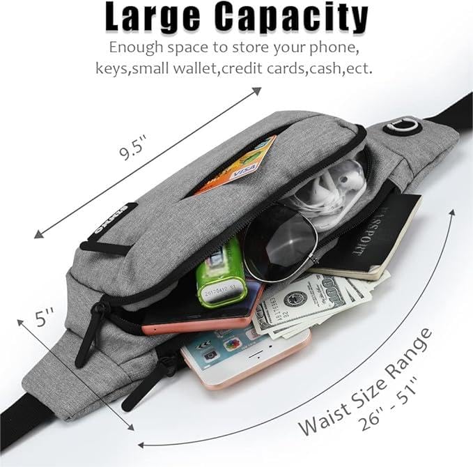 SINNO Large Crossbody Fanny Pack for Women Men - Gray Belt Bag with 4 Zipper Pockets for Travel Running Hiking Outdoors